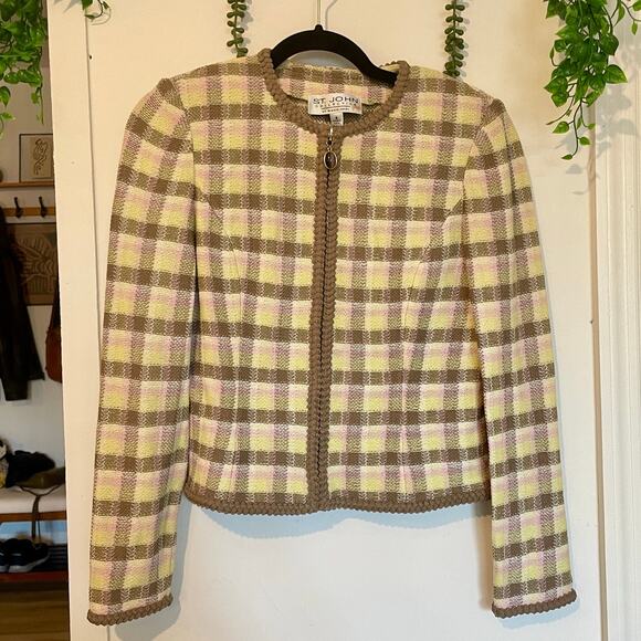 St. John Collection by Marie Gray Zip Up Suit Jacket Santana Knit Plaid Y2K sz 4 - Picture 1 of 9